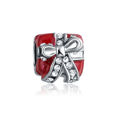 Alloy Enamel Christmas Gift Box Bow Charm With Rhinestone Inlaid DIY Bracelet Necklace Pendant Jewelry Accessory For Women