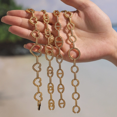 Bracelet Chaîne En Acier Inoxydable Pour Femme Cœur Rond Pavé Zircone Bijoux De Luxe Tendance