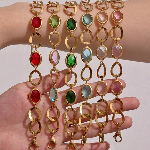 Stainless Steel Gold Plated Bracelet With Oval Colorful Czech Glass Artificial Gemstone Luxury Vintage Fashion Jewelry For Women