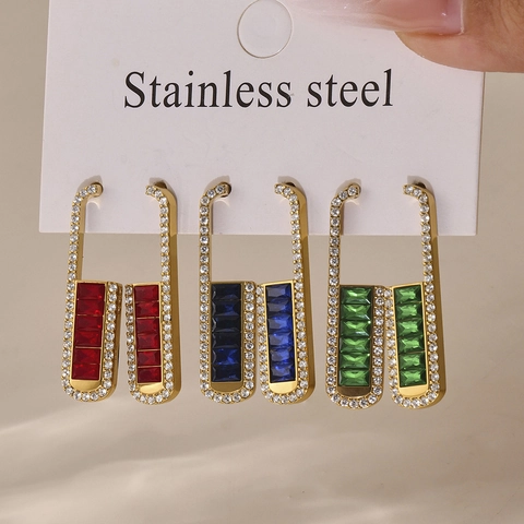 Exquisite Stainless Steel Rectangular Pave Zirconia Stud Earrings For Women Light Luxury Geometric Diamond Pattern Jewelry