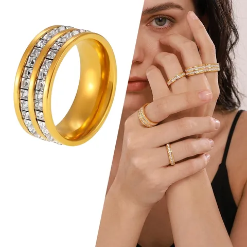 Eternity Square Zirconia Stainless Steel Ring For Women Double Row Full Drill Geometric Band Fashion Jewelry Gift