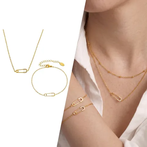 Fashion Stainless Steel Safety Pin Zircon Pendant Necklace For Women Gold Silver Plated Paperclip Chain Dainty Jewelry Gift