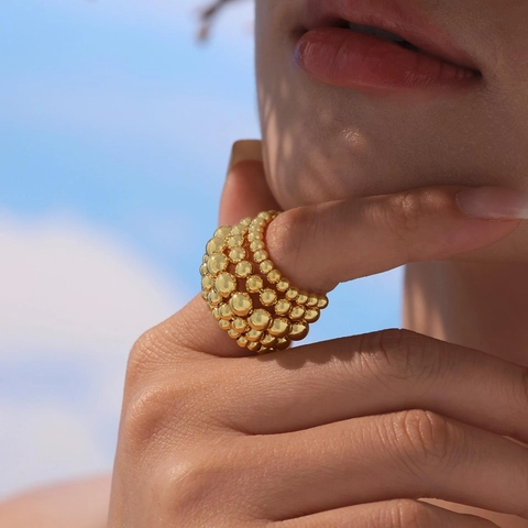 Exaggerated Layered Stainless Steel Bead Ring For Women 18K Gold Plated Chunky Multi-Row Ball Statement Open Finger Ring