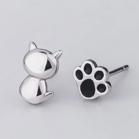 Asymmetric 925 Sterling Silver Earring Post Cat And Paw Stud Earrings Cute Minimalist Silver Animal Jewelry Gift For Women