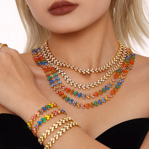 Stainless Steel Zircon Necklace And Bracelet PVD 18K Gold Plated Heart Flower Multicolor Zircon Jewelry For Women