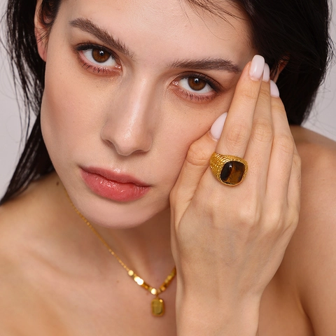Vintage Stainless Steel 18K Gold Plated Tiger Eye Stone Ring For Women Retro Rose Quartz Geometric Textured Finger Ring Jewelry