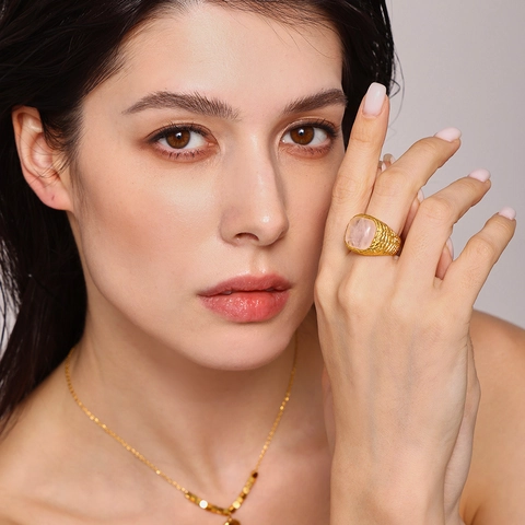 Vintage Stainless Steel 18K Gold Plated Tiger Eye Stone Ring For Women Retro Rose Quartz Geometric Textured Finger Ring Jewelry