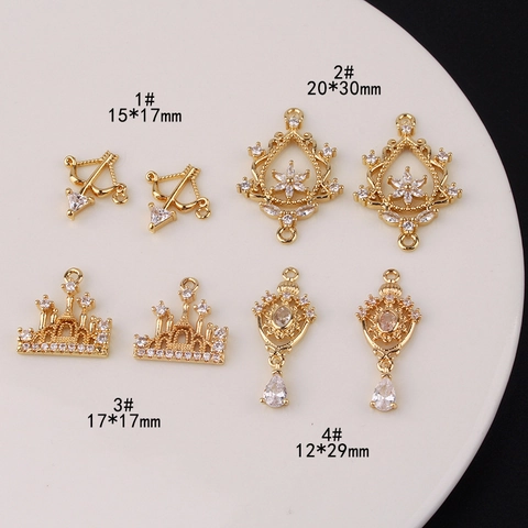 Retro Gold Plated Copper Zirconia Charm Pendants Arrow Castle Crown Flower Shapes For DIY Jewelry Making Accessories