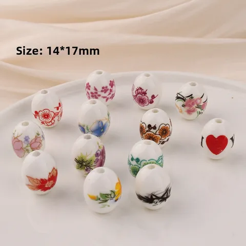 Vintage Chinese Style Ceramic Beads Oval Floral Heart Alphabet Pattern Painted Porcelain Spacers For DIY Jewelry Making