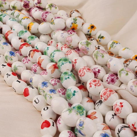 Vintage Chinese Style Ceramic Beads Oval Floral Heart Alphabet Pattern Painted Porcelain Spacers For DIY Jewelry Making