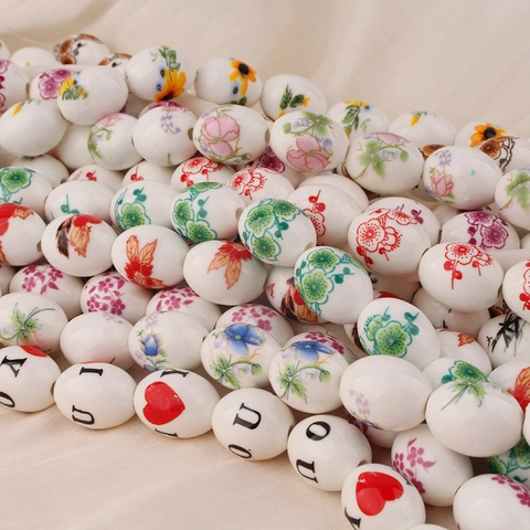 Vintage Chinese Style Ceramic Beads Oval Floral Heart Alphabet Pattern Painted Porcelain Spacers For DIY Jewelry Making