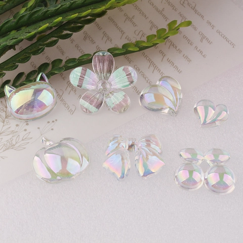 Iridescent Aurora AB Coating Resin Acrylic DIY Craft Accessories Heart Flower Bow Shape Jewelry Making Pendants Decoration
