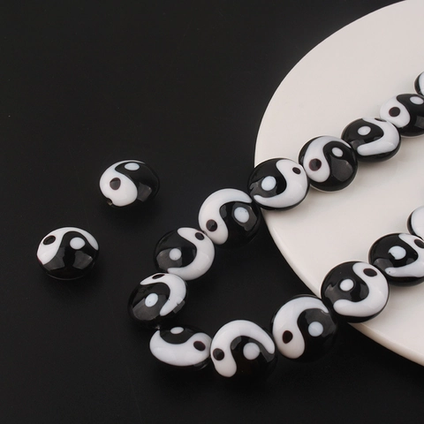 Perline di Ceramica Cinesi Retro Dipinte a Mano con Motivo Tai Chi Yin Yang Tonde da 16mm per Creazione di Gioielli DIY