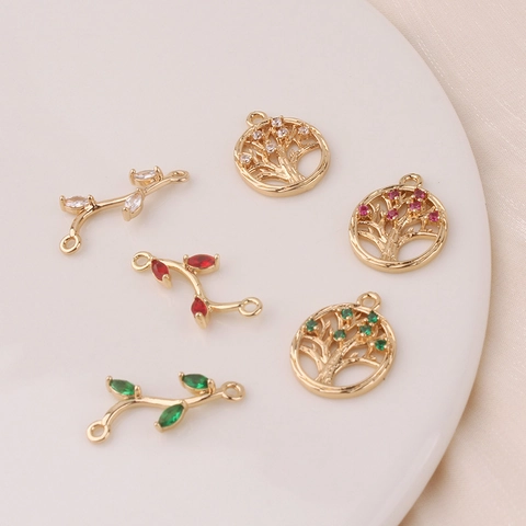 Gold Plated Copper Tree Of Life Round Hollow Pendants Branch Connectors DIY Jewelry Accessories Rhinestone Inlaid Charms For Necklace Earrings Making