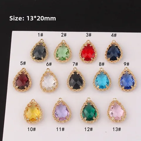 Vintage Teardrop Crystal Glass Pendant Gold Plated Copper Scalloped Lace Edge Multifaceted Stone For DIY Jewelry Making