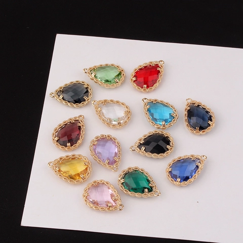 Vintage Teardrop Crystal Glass Pendant Gold Plated Copper Scalloped Lace Edge Multifaceted Stone For DIY Jewelry Making