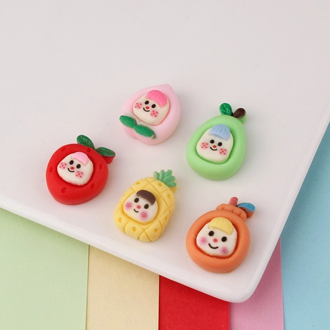 Breloques en Résine de Fruits de Dessins Animés Mignons Visage Souriant Fraise Pêche Avocat DIY Coque de Téléphone Accessoires