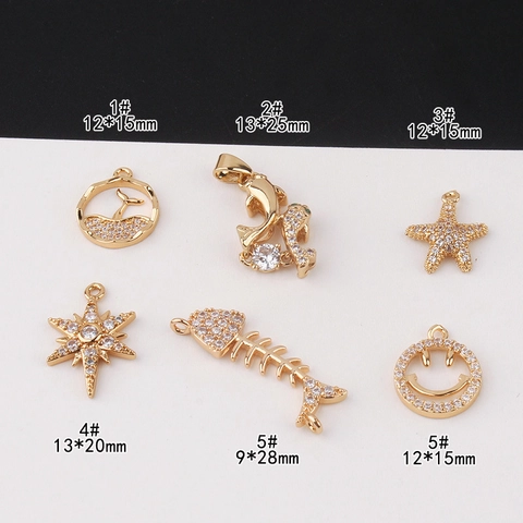 Gold Plated Copper Zirconia Pendants For DIY Jewelry Making Whale Tail Dolphin Starfish Fish Bone Smile Face Charms