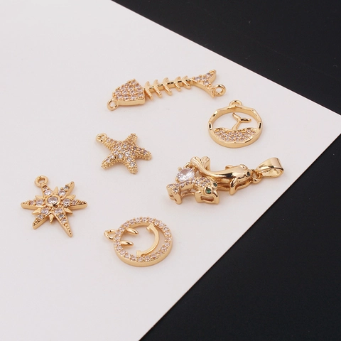 Gold Plated Copper Zirconia Pendants For DIY Jewelry Making Whale Tail Dolphin Starfish Fish Bone Smile Face Charms