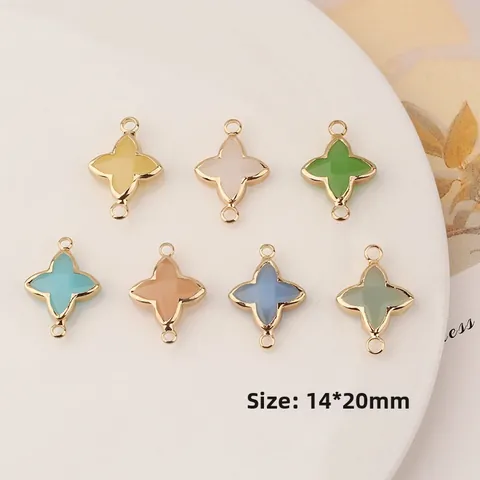 Gold Plated Brass Four Leaf Clover Pendant Connectors Colorful Crystal Inlaid Double Loop Charms For Necklace Bracelet Making Jewelry