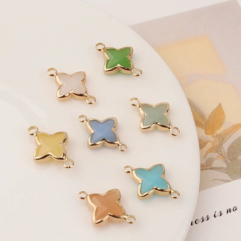 Gold Plated Brass Four Leaf Clover Pendant Connectors Colorful Crystal Inlaid Double Loop Charms For Necklace Bracelet Making Jewelry