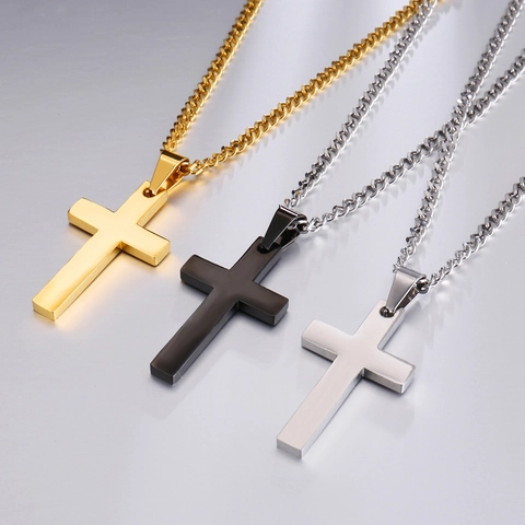 Minimalist Stainless Steel Plain Cross Pendant Necklace For Men Personalized Fashion Religious Jewelry Curb Chain Necklace Gift