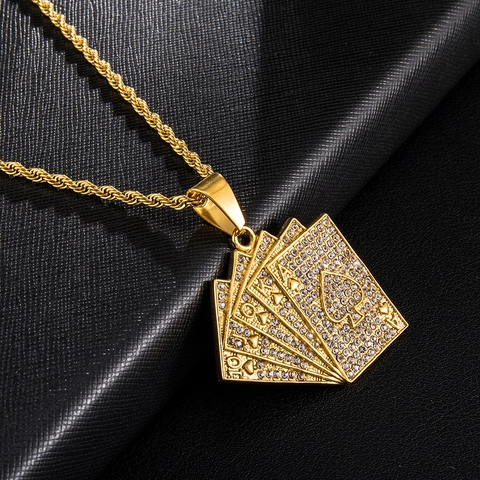 Hip Hop Stainless Steel Poker Card Pendant Necklace For Men Iced Out Rhinestone Royal Flush Rope Chain Gold Plated Jewelry
