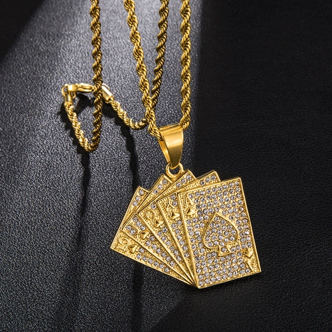 Hip Hop Stainless Steel Poker Card Pendant Necklace For Men Iced Out Rhinestone Royal Flush Rope Chain Gold Plated Jewelry