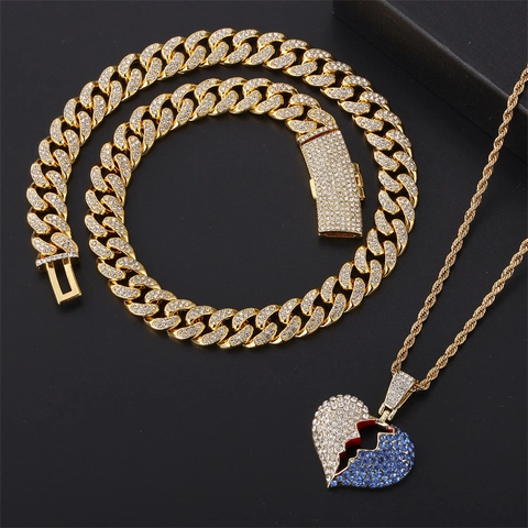 Collana Hip Hop con Pendente a Cuore Infranto in Lega Placcata Oro Argento Strass Catena Cubana a Corda per Uomo Donna Gioielli