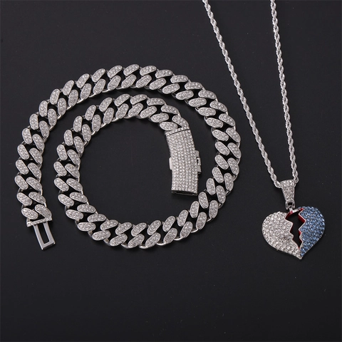 Collana Hip Hop con Pendente a Cuore Infranto in Lega Placcata Oro Argento Strass Catena Cubana a Corda per Uomo Donna Gioielli