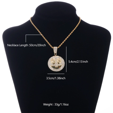 Hip Hop Iced Out Smiley Face Dollar Pendant Necklace Set Gold Silver Plated Alloy Rhinestone Cuban Link Rope Chain Streetwear Jewelry