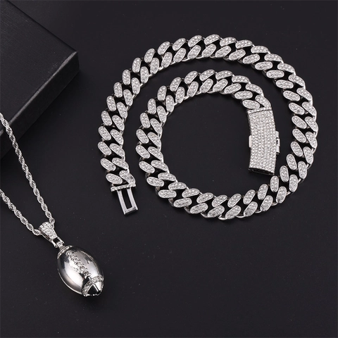 Hip Hop Iced Out Strass Legierung American Football Anhänger Halskette Mit Panzerkette Kordelkette Für Herren Damen Schmuck