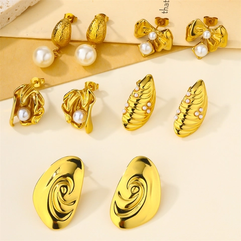 Orecchini a Goccia in Acciaio Inossidabile Placcato Oro con Perla Artificiale Vintage Francese Forma di Fiocco Conchiglia Gioielli Eleganti per Donna