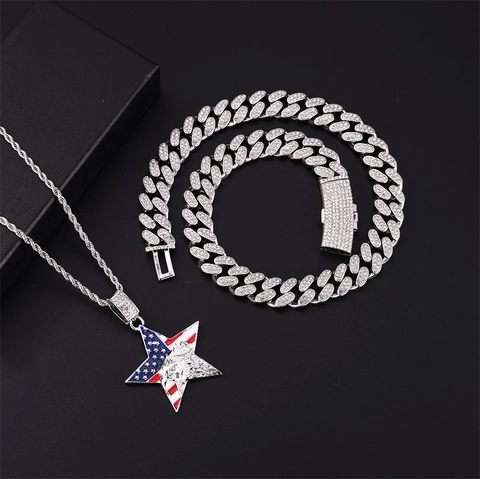 Hiphop Gold Silver Plated Alloy Pendant Necklace With Cuban Link Rope Chain Eagle Star Motif Jewelry For Unisex Gift