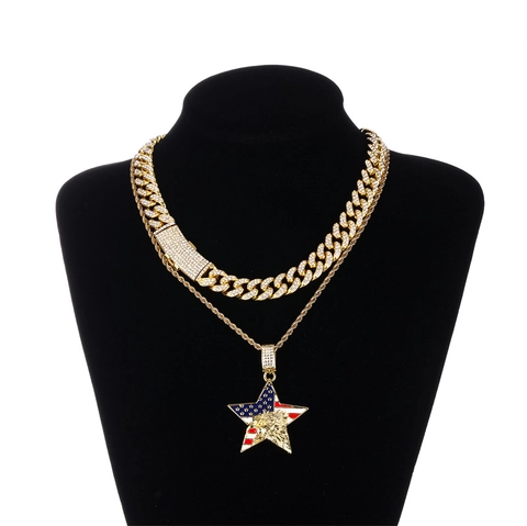 Hiphop Gold Silver Plated Alloy Pendant Necklace With Cuban Link Rope Chain Eagle Star Motif Jewelry For Unisex Gift