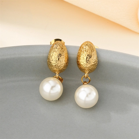 Orecchini a Goccia in Acciaio Inossidabile Placcato Oro con Perla Artificiale Vintage Francese Forma di Fiocco Conchiglia Gioielli Eleganti per Donna