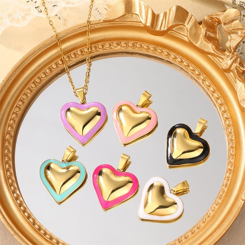 Fashion Stainless Steel Heart Pendant Necklace Colorful Enamel Gold Plated Clavicle Chain Jewelry For Women Elegant Gift