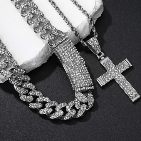 Hip Hop Iced Out Cross Pendant Necklace Alloy Rhinestone Inlaid Gold Silver Plated Rope Cuban Chain For Men Street Jewelry