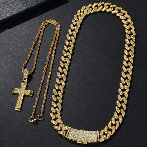 Hip Hop Iced Out Cross Pendant Necklace Alloy Rhinestone Inlaid Gold Silver Plated Rope Cuban Chain For Men Street Jewelry