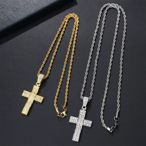 Hip Hop Alloy Full Rhinestone Cross Pendant Necklace For Men Gold Silver Cuban Rope Chain Iced Out Streetwear Jewelry