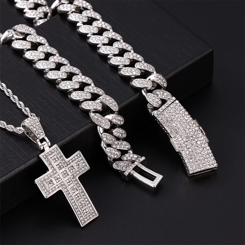 Hip Hop Cross Pendant Necklace For Men Women Full Rhinestone Iced Out Gold Silver Plated Alloy Cuban Link Rope Chain Necklaces