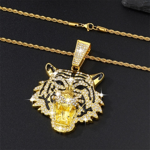 Hip Hop Tiger Head Pendant Necklace Iced Out Rhinestone Alloy Cuban Link Rope Chain Bold Men Fashion Jewelry Gift