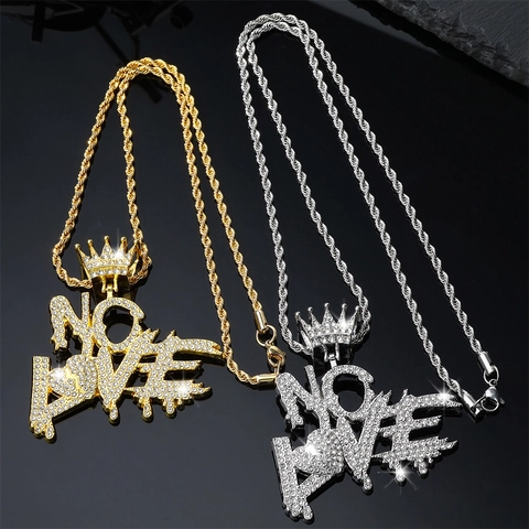 Hip Hop No Love Letter Crown Pendant Necklace Alloy Zirconia Iced Out Rhinestone Pendant And Rope Cuban Chain Jewelry