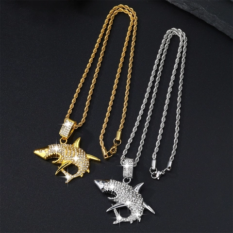 Hiphop Shark Megalodon Pendant Necklace Alloy Full Zirconia Inlaid Cuban Rope Chain Set Streetwear Jewelry For Men Women