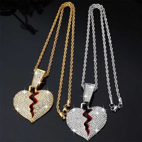 Collana con Ciondolo a Cuore Spezzato in Lega Hip Hop con Strass Oro Argento Catena Cubana Gioielli da Uomo