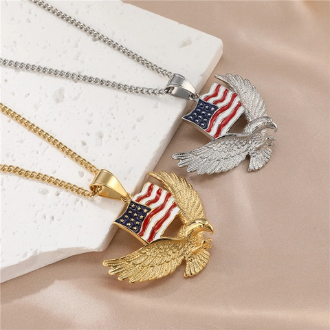 Hip Hop Stainless Steel Eagle American Flag Pendant Necklace Men Personality Enamel Patriotic Jewelry Gift Accessories