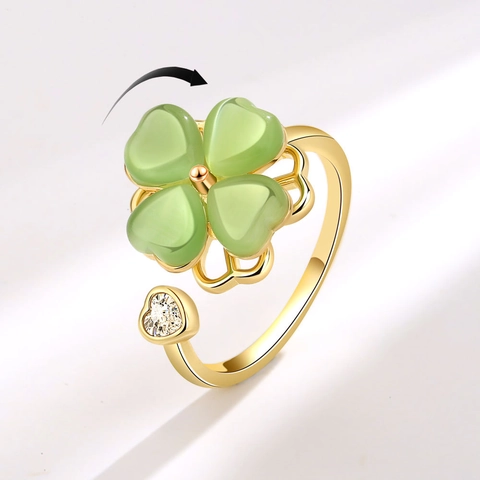 Drehbarer Vierblättriges Kleeblatt Ring Für Damen Gold Vergoldetes Kupfer Zirkonia Grüner Katzenaugenstein Herz Offener Verstellbarer Ring Schmuck