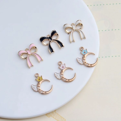 Alloy Enamel Bowknot Moon Crown Pendants For DIY Jewelry Making Korean Style Heart Cutout Wings Charms For Earrings Bracelet