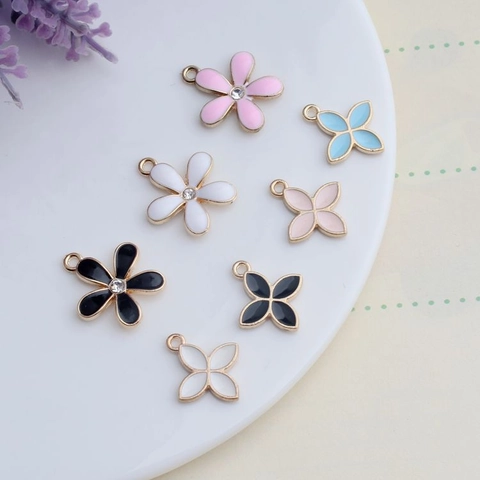 Alloy Enamel Five-Petal Flower Four-Leaf Clover Pendant Only Without Chain With Rhinestone Center For DIY Jewelry Making
