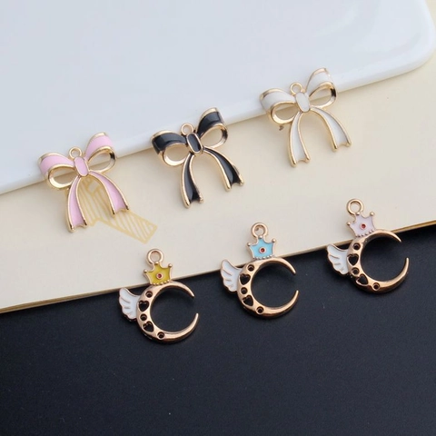 Alloy Enamel Bowknot Moon Crown Pendants For DIY Jewelry Making Korean Style Heart Cutout Wings Charms For Earrings Bracelet